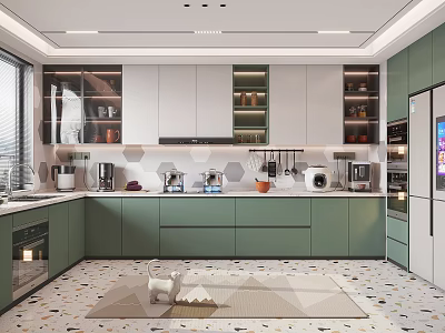 Modern Green White Kitchen Interior With Open Cabinets Countertop And Appliances 3d model