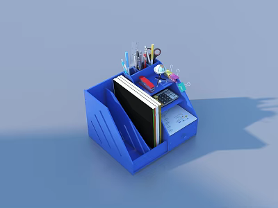 Blue Desk Folder Organizer With Pens Calculator Notebook And Documents 3d model