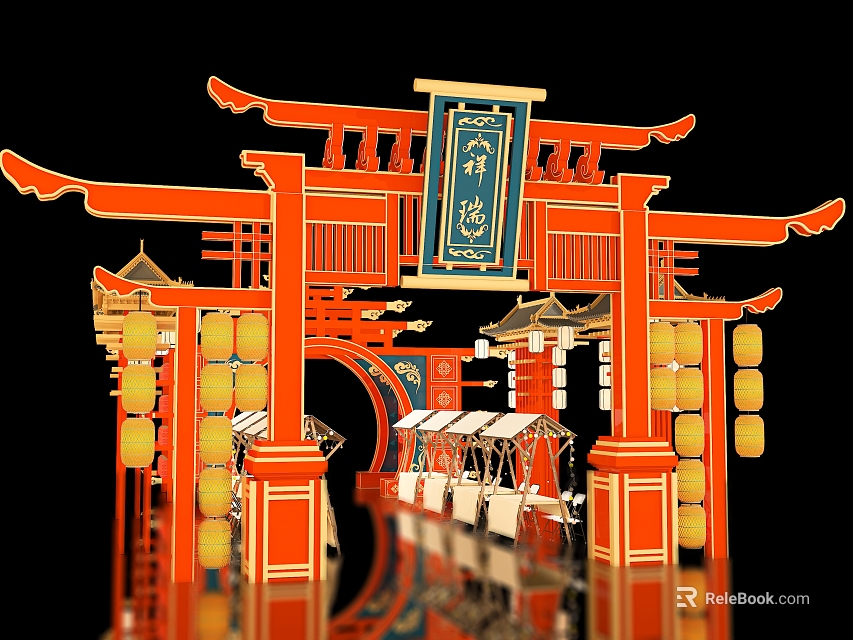 Traditional Chinese Photo Check In Spot With Red Archway And Golden Lantern Decorations 3d model 