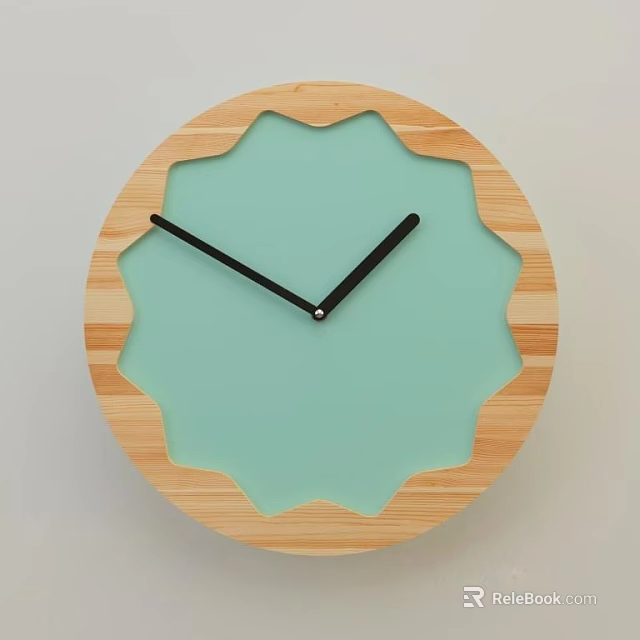 Round Wooden Wall Clock With Scalloped Edge Light Blue Dial And Black Hands 3d model 
