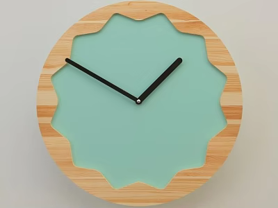 Round Wooden Wall Clock With Scalloped Edge Light Blue Dial And Black Hands 3d model