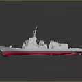 Detailed Warship 3D Model with Grey Hull Red Bottom Superstructure Antennas Weapons and Reflection