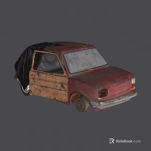 Old Vintage Car With Red And Brown Weathered Body And Black Cover On Roof 3d model 