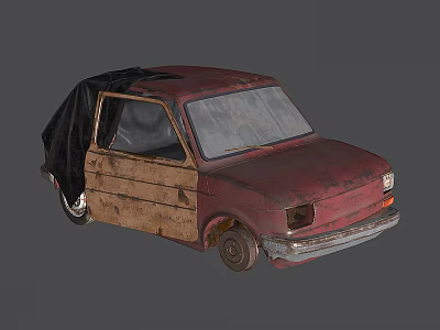 Old Vintage Car With Red And Brown Weathered Body And Black Cover On Roof 3d model