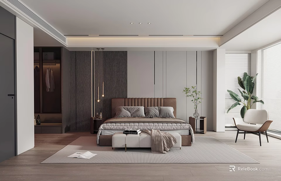 Minimalist Bedroom Interior Design With Brown Headboard Gray Rug And Green Plants 3d model 