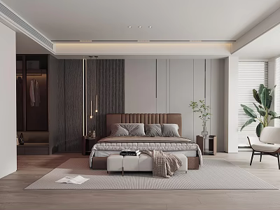 Minimalist Bedroom Interior Design With Brown Headboard Gray Rug And Green Plants 3d model