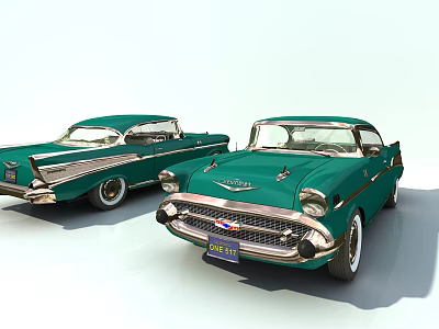 Two Green Vintage Classic Cars With Retro Design And Chrome Accents 3d model