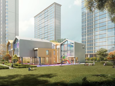 Modern School Building with Green Lawn Playground and Children Playing Outdoors 3d model