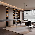 Modern Tea Room Interior With Wooden Shelves Table Chairs And Large Window