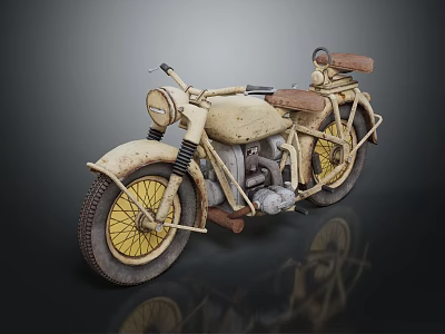 Vintage Motorcycle With Worn Body Yellow Spoked Wheels And Brown Seats 3d model