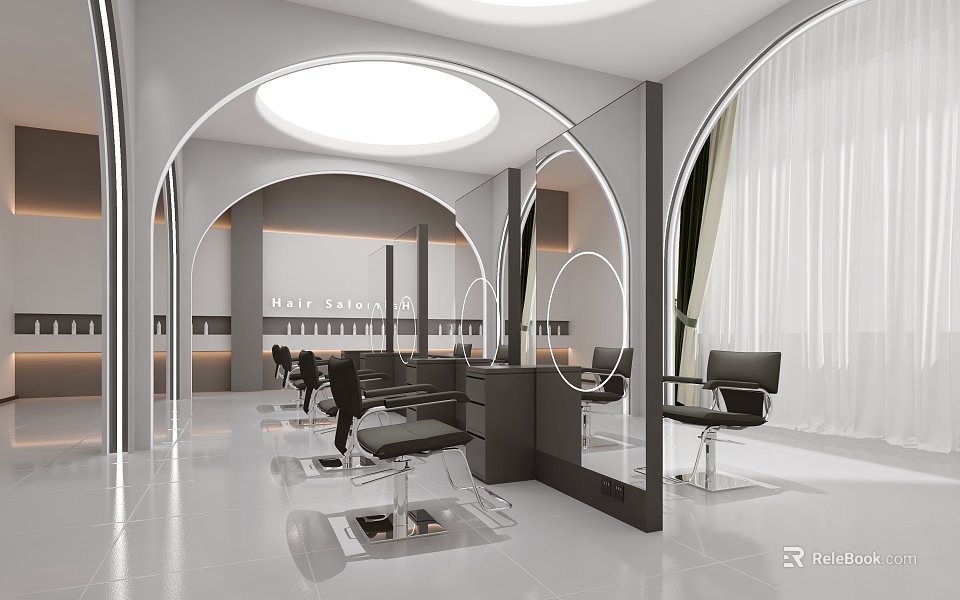 Modern Hair Salon Interior With Curved Arches Round Mirrors Black Styling Chairs And White Floor 3d model 