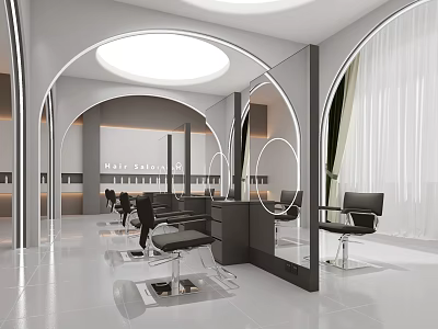 Modern Hair Salon Interior With Curved Arches Round Mirrors Black Styling Chairs And White Floor 3d model