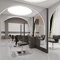 Modern Hair Salon Interior With Curved Arches Round Mirrors Black Styling Chairs And White Floor