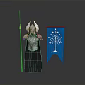 Man's Silver Armor On Gray Base With Blue Flag White Tree Pattern And Long Pole