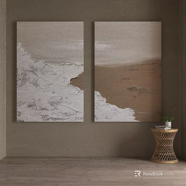 Abstract Textured Wall Art With Wicker Side Table And Small Plant 3d model