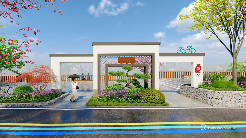 Chinese Style Landscape Wall With Grille Design Green Plants Pedestrians And Bicycle Path 3d model 