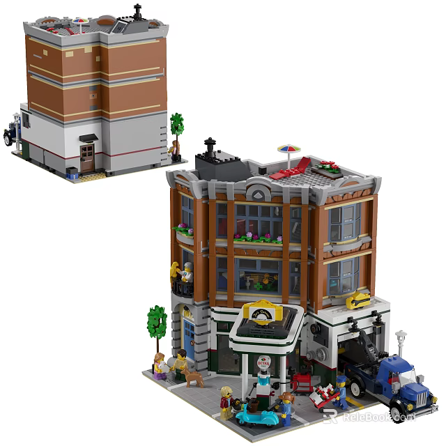 Detailed Building Blocks Town Building Model With Storefront Windows Mini Figures Trees And Vehicles 3d model 