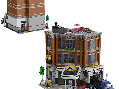Detailed Building Blocks Town Building Model With Storefront Windows Mini Figures Trees And Vehicles 3d model