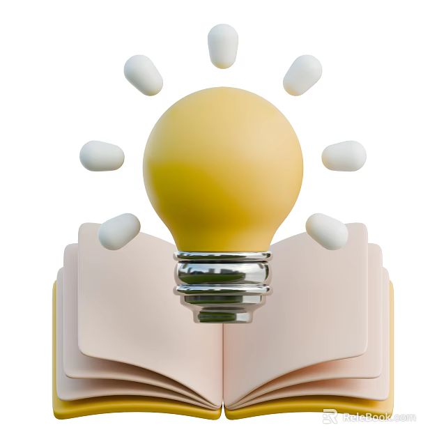 Open Notebook With Yellow Light Bulb And Surrounding White Light Spots 3d model