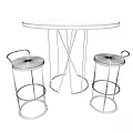 Round Wooden Dining Table With Gold Metal Legs And High Stools With Coat Draped