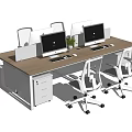 Wooden Office Desk With Two Computers White Office Chairs And Small Plant