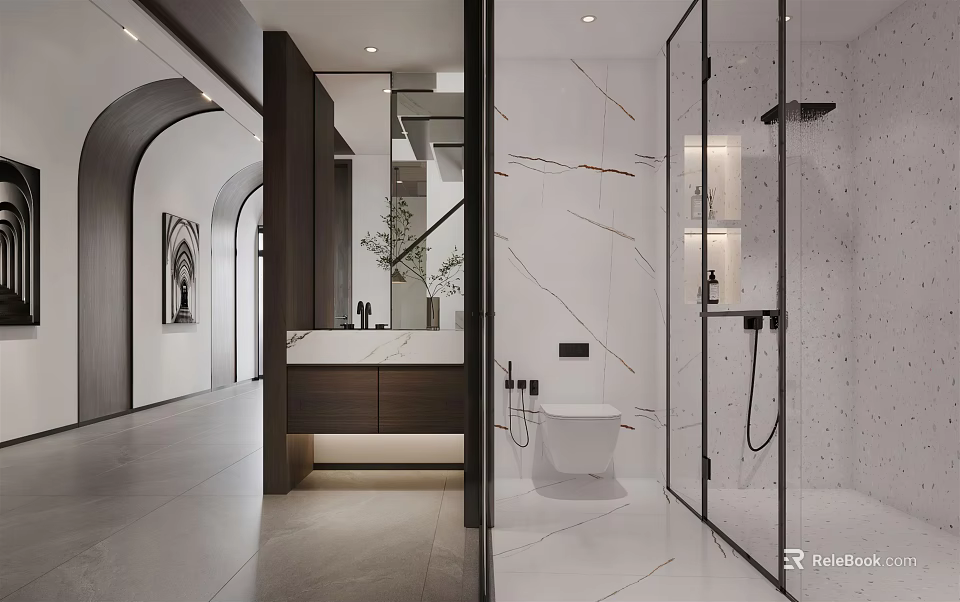 Modern Bathroom Interior Design With Marble Surfaces Glass Shower Vanity And Wall-Hung Toilet 3d model 