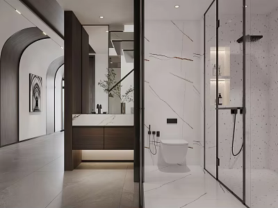 Modern Bathroom Interior Design With Marble Surfaces Glass Shower Vanity And Wall-Hung Toilet 3d model