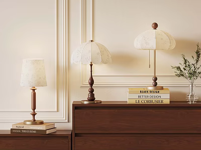 Three Vintage Table Lamps With Lace Shades On Wooden Cabinet Books And Green Plant 3d model