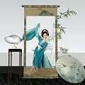 Art Installation With Scroll Painting Woman In Blue Traditional Dress Bamboo And Green Umbrella