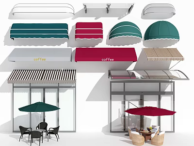 Colorful Outdoor Awnings in Green Red and Striped Designs for Cafe and Patio Use 3d model