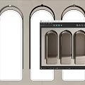 Three Arch Shaped Mirrors With Metal Frames And Marble Bases On Light Colored Wall 3d model