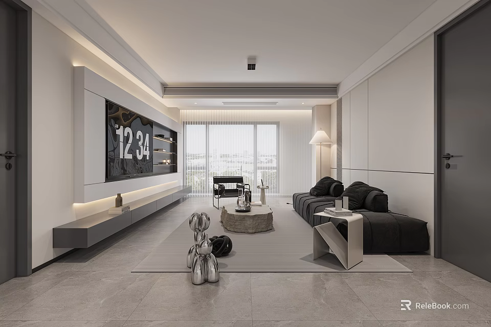 Modern Living and Dining Room Interior With Large Screen TV Black Sofa And Floor Lamp 3d model 