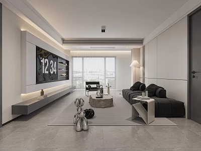 Modern Living and Dining Room Interior With Large Screen TV Black Sofa And Floor Lamp 3d model