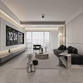 Modern Living and Dining Room Interior With Large Screen TV Black Sofa And Floor Lamp