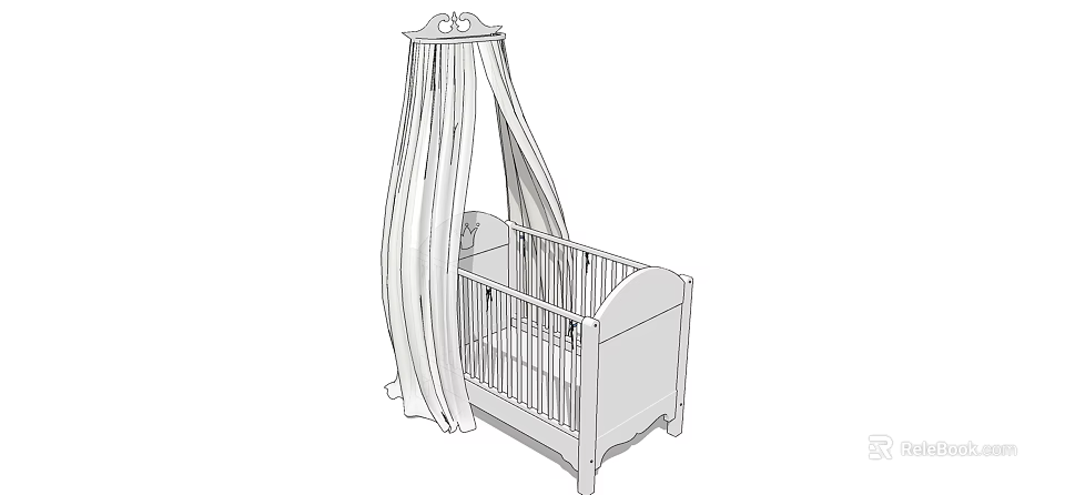 White Wooden Baby Crib With Canopy Curtain And Ornate Railing Design 3d model 