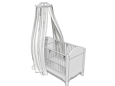 White Wooden Baby Crib With Canopy Curtain And Ornate Railing Design 3d model
