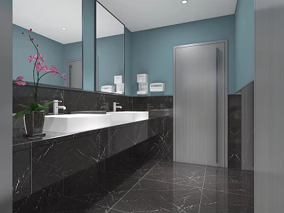 Modern Hotel Bathroom Interior With Double Vanity Large Mirrors Blue Walls And Dark Marble Flooring 3d model