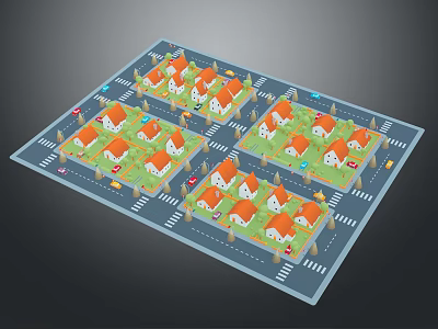 Cartoon Residential Area Scene With Orange Roof Houses Arranged Streets Green Lawns And Cars 3d model
