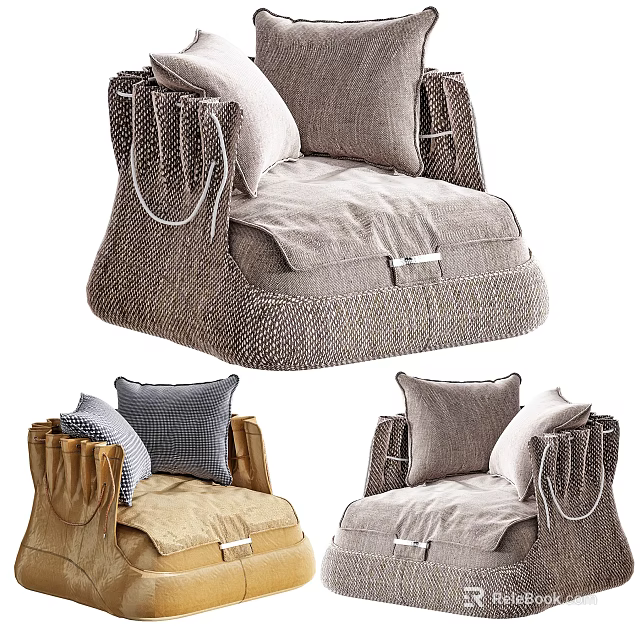 Modern Minimalist Single Sofa Design With Neutral Tones Linen Fabric Tassel Details And Throw Pillows 3d model 