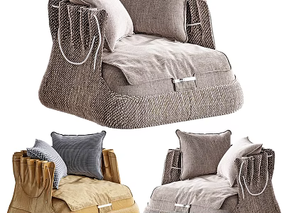 Modern Minimalist Single Sofa Design With Neutral Tones Linen Fabric Tassel Details And Throw Pillows 3d model
