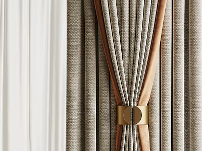 Modern Textured Beige Gray Brown Curtains With Elegant Gold Decorative Tieback 3d model