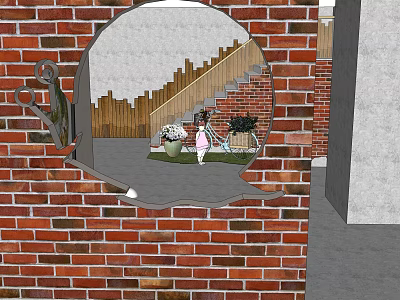 Restaurant Exterior With Red Brick Wall And Round Mirror Reflection Of Outdoor Scene 3d model