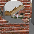 Restaurant Exterior With Red Brick Wall And Round Mirror Reflection Of Outdoor Scene