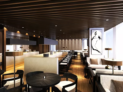Modern Restaurant Interior With Dark Wooden Ceiling Open Bar Dining Tables And Decorative Wall Painting 3d model