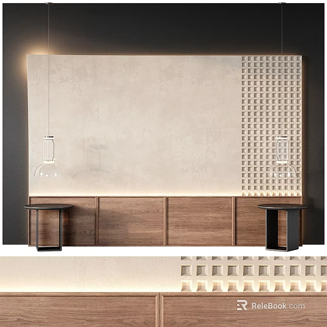 Modern Bedroom Accent Wall With Textured Surface Wooden Cabinets And Geometric Panel Design 3d model 