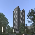 Modern High Rise Residential Building With Glass Curtain Walls And Balconies Surrounded By Trees