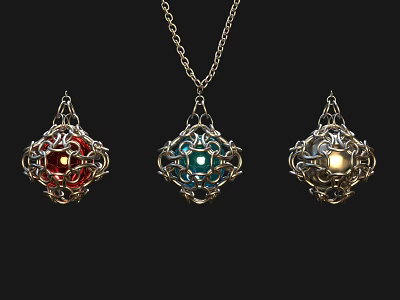 Three Elegant Pendant Necklaces With Colorful Gemstones And Intricate Metal Designs 3d model