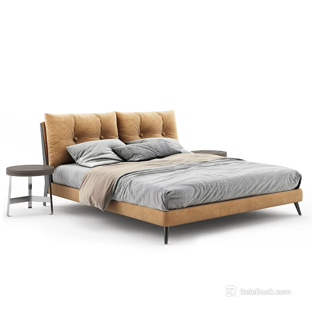 Modern Double Bed With Brown Upholstered Headboard Gray Linen And Side Table 3d model