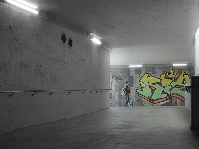 Elevator Corridor With Concrete Walls Handrails Strip Lights Graffiti Art And Person Walking 3d model