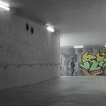 Elevator Corridor With Concrete Walls Handrails Strip Lights Graffiti Art And Person Walking